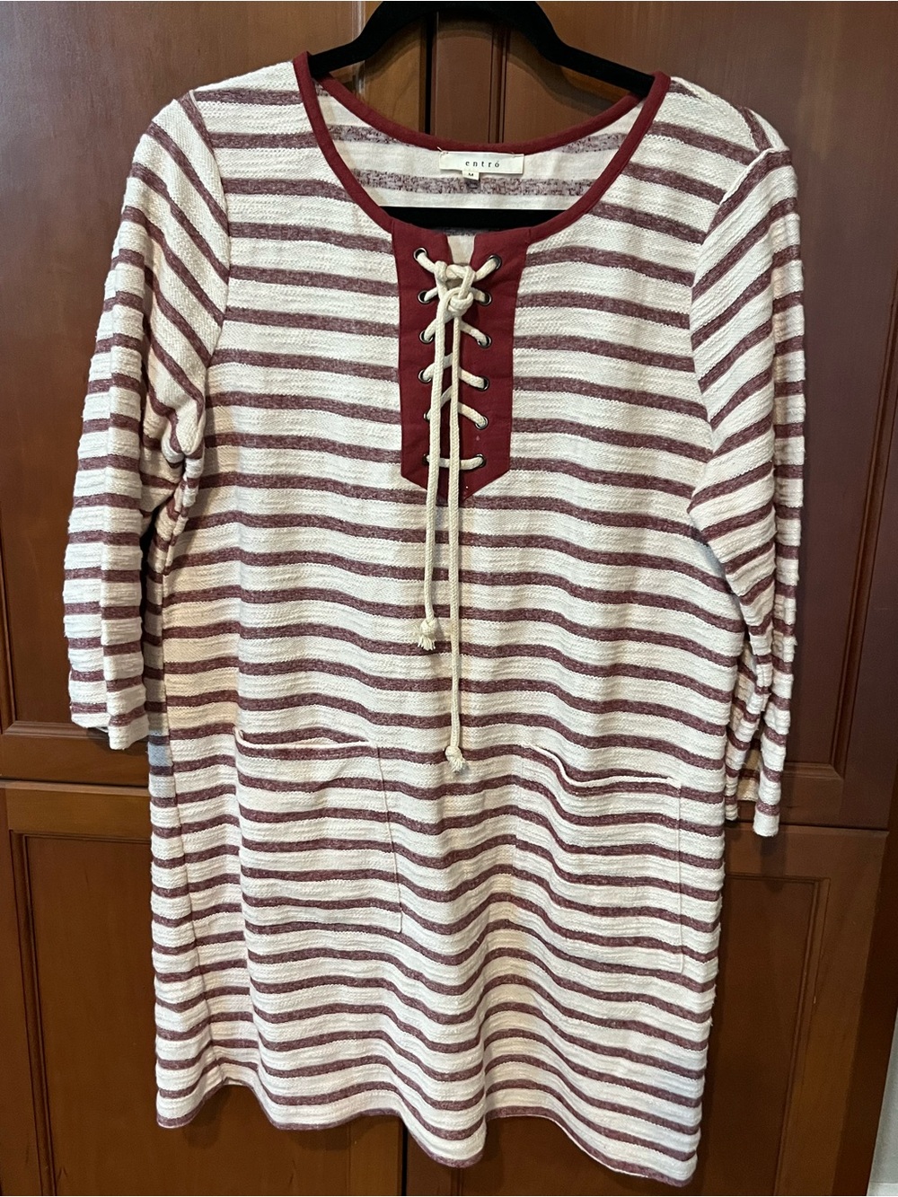 Entro Burgundy Stripe Lace-Up Knit Tunic Dress M